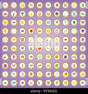 100 online education icons set in cartoon style on purple background vector illustration Stock Vector