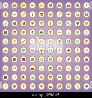 100 photography icons set in cartoon style on purple background vector illustration Stock Vector