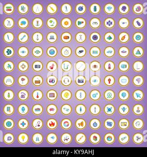 100 physics icons set in cartoon style on purple background vector illustration Stock Vector