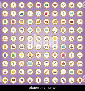 100 power industry icons set in cartoon style on purple background vector illustration Stock Vector