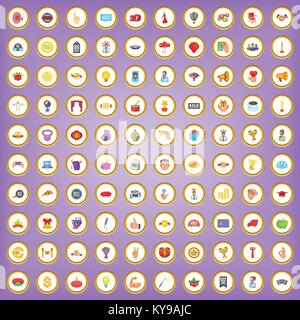 100 promotion icons set in cartoon style on purple background vector illustration Stock Vector