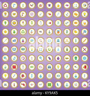 100 scientific laboratory icons set in cartoon style on purple background vector illustration Stock Vector