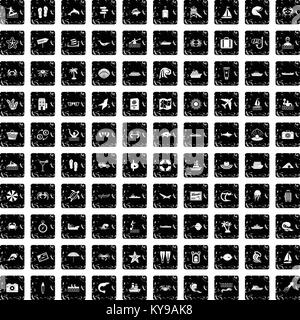 100 sea life icons set in grunge style isolated vector illustration Stock Vector