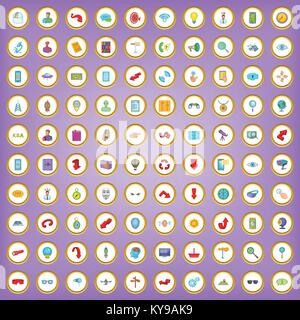 100 search icons set in cartoon style on purple background vector illustration Stock Vector
