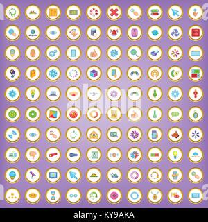 100 searching icons set in cartoon style on purple background vector illustration Stock Vector
