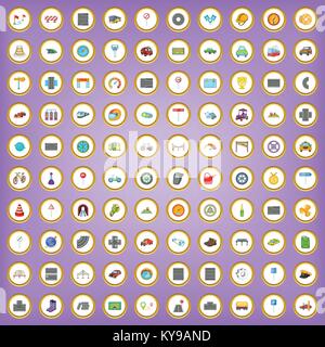 100 traffic icons set in cartoon style on purple background vector illustration Stock Vector