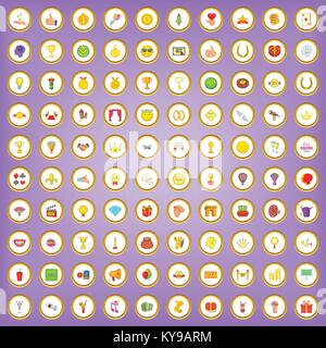 100 winning icons set in cartoon style on purple background vector illustration Stock Vector