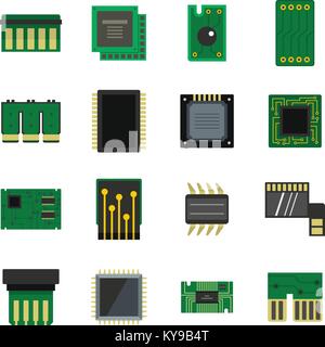 Computer chips icons set in flat style isolated vector illustration Stock Vector