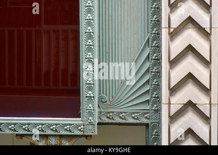 detail of red glass window and frames in Chicago building Stock Photo