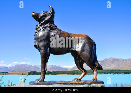 On Lake Tekapo is a well-known bronze statue of a New Zealand Collie sheepdog. The statue was commissioned by Mackenzie Country residents Stock Photo