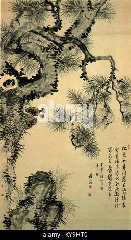 Hanging scroll artwork by Nukina S���� depicting an old pine tree using ink and light color on paper, displayed at the Lake Biwa Culture Center, Shiga Prefecture, Japan. Stock Photo