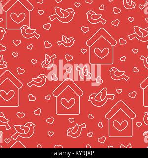Cute seamless pattern with birds, birdhouses and hearts.Template for design, fabric, print. Greeting card Valentine's Day. Stock Vector
