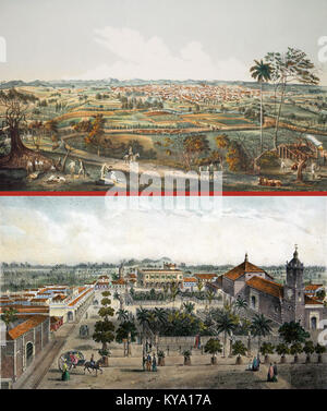 Two views of Santa Clara city in Cuba, painted by Leonardo Barañano and lithographed by Leonardo Laplante in 1858 Stock Photo