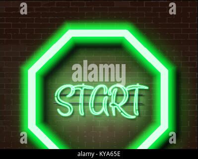 Green glowing neon road sign on brick wall with START text Stock Vector