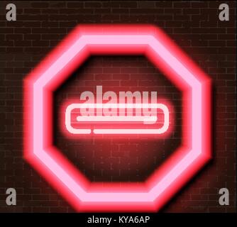 Red No Entry glowing neon signo ctagon shaped on brick wall realistic illustration Stock Vector