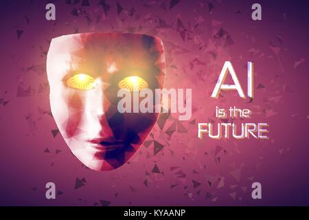 Artificial intelligence concept - human face with glowing eyes and copy space Stock Vector