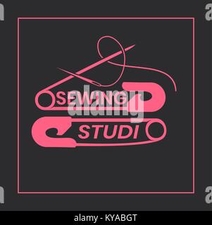 Sewing alterations studio logo design template - simplistic and elegant logotype in pink and gray colors Stock Vector