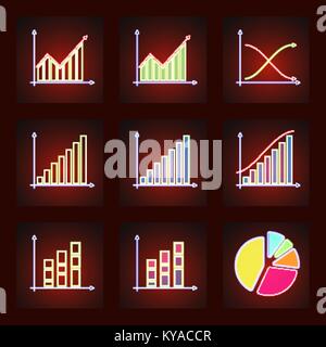 Set of nine graphs icon illustrations in glowing neon for business or statistics Stock Vector