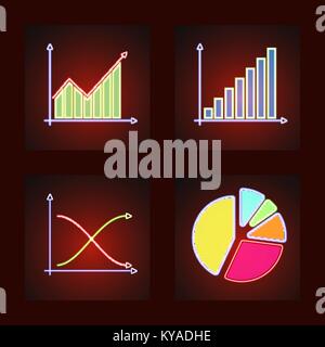 Set of business and statistical graphs in glowing neon - bar, line graphs and pie chart Stock Vector