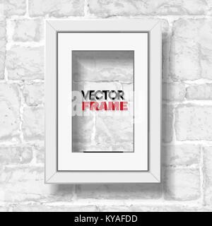 Rectangular a4 white picture frame with passepartout hanged on white modern brick wall Stock Vector