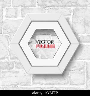 Hexagonal white picture frame hanging on white brick wall Stock Vector
