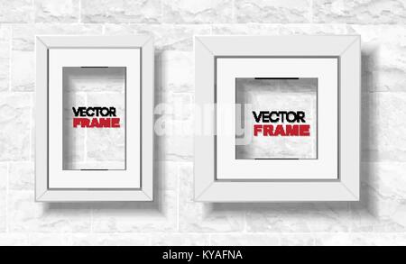 Set of two modern white picture frames hanged on white brick wall - rectangular a4 and square, vector mockup Stock Vector