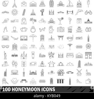 100 honeymoon icons set in outline style for any design vector illustration Stock Vector