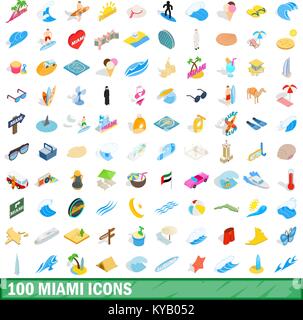 100 miami icons set in isometric 3d style for any design vector illustration Stock Vector