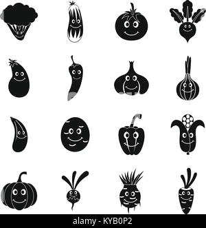 Smiling vegetables icons set. Simple illustration of 16 smiling vegetables vector icons for web Stock Vector