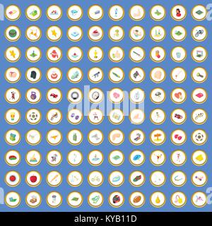 100 activity icons circle set on blue background cartoon style vector illustration Stock Vector