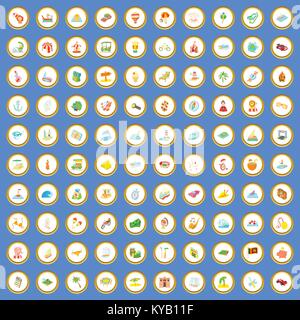 100 adventure icons circle set on blue background cartoon style vector illustration Stock Vector