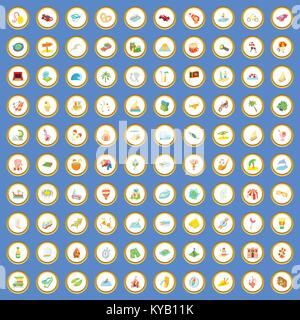 100 adventure time icons circle set on blue background cartoon style vector illustration Stock Vector