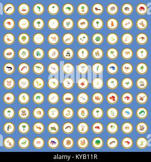 100 animals and plants icons circle set on blue background cartoon style vector illustration Stock Vector