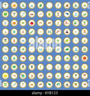 100 biology icons circle set on blue background cartoon style vector illustration Stock Vector