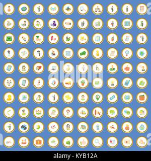 100 business career icons circle set on blue background cartoon style vector illustration Stock Vector