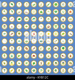 100 camping and nature icons circle set on blue background cartoon style vector illustration Stock Vector