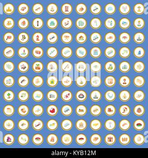 100 construction icons circle set on blue background cartoon style vector illustration Stock Vector