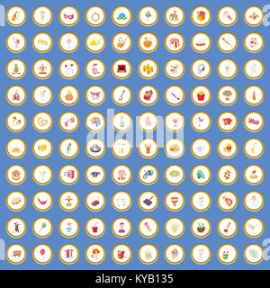 100 festival icons circle set on blue background cartoon style vector illustration Stock Vector