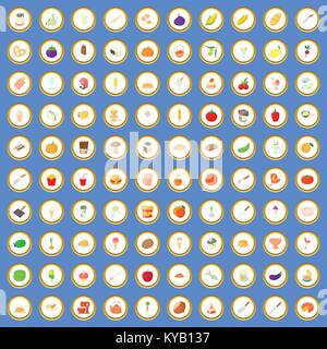 100 food and kitchen icons circle set on blue background cartoon style vector illustration Stock Vector