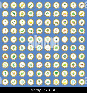 100 green and ecology icons circle set on blue background cartoon style vector illustration Stock Vector