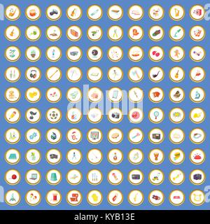 100 hobby icons circle set on blue background cartoon style vector illustration Stock Vector