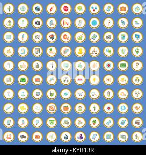 100 it business icons circle set on blue background cartoon style vector illustration Stock Vector