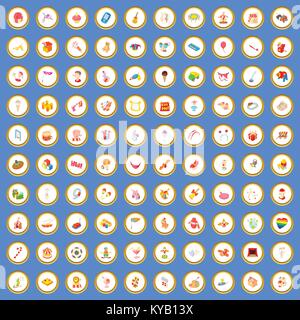 100 joy icons circle set on blue background cartoon style vector illustration Stock Vector