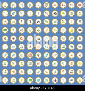 100 multimedia icons circle set on blue background cartoon style vector illustration Stock Vector