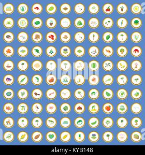 100 nature icons circle set on blue background cartoon style vector illustration Stock Vector
