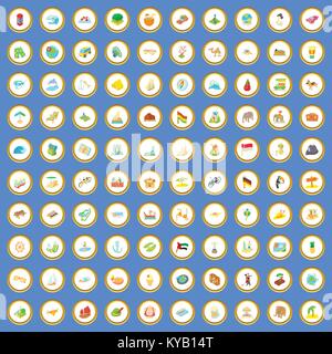100 recreation icons circle set on blue background cartoon style vector illustration Stock Vector