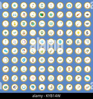 100 research icons circle set on blue background cartoon style vector illustration Stock Vector