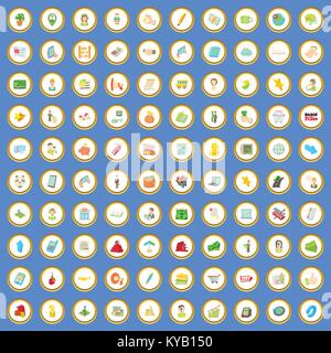100 sales icons circle set on blue background cartoon style vector illustration Stock Vector