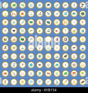 100 school and education icons circle set on blue background cartoon style vector illustration Stock Vector