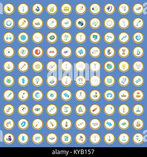 100 science icons circle set on blue background cartoon style vector illustration Stock Vector